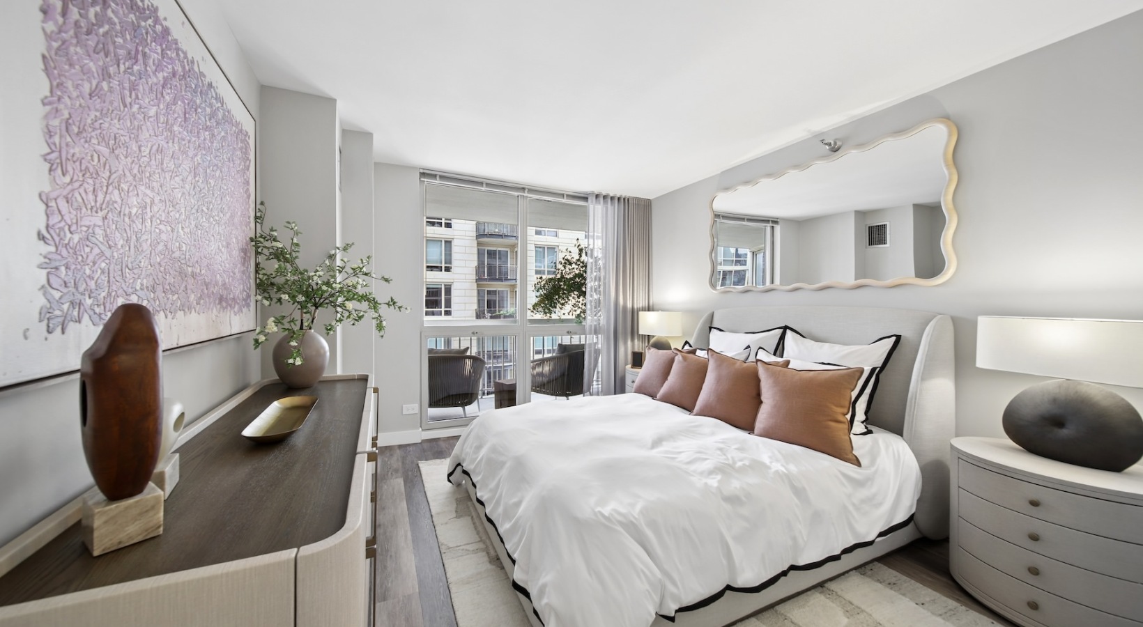 Bedroom with natural lighting and high ceilings